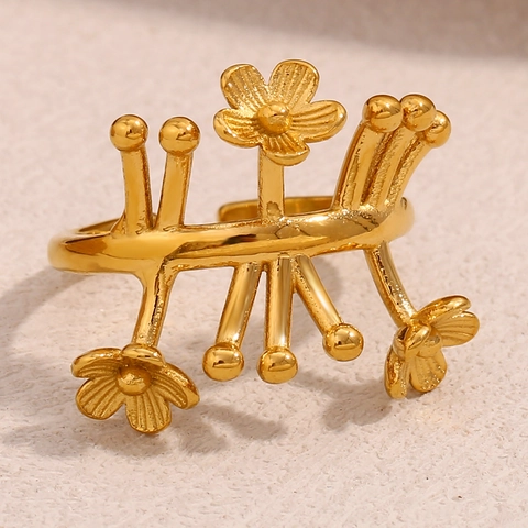 Offener Ring Blumen Design 18K Vergoldet Edelstahl Verstellbar Zweig Motiv Nische Mode Schmuck Damen