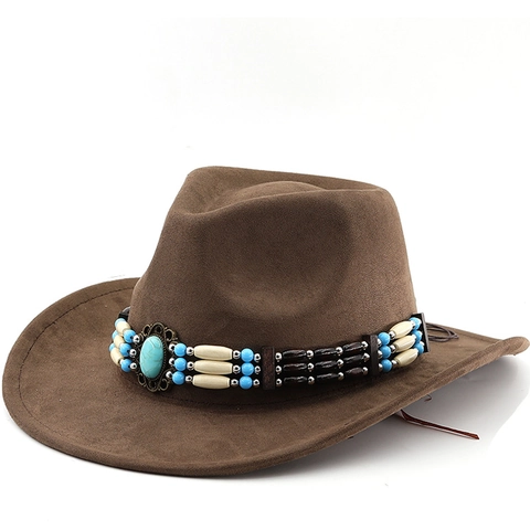 Cappello Da Cowboy Vintage In Camoscio Etnico Perline Turchese Tesa Larga Protezione Solare All Aperto