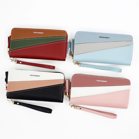 Portefeuille Long Zippé Pour Femme En Cuir PU Design Patchwork Color Block Avec Pompon Et Emplacements Cartes