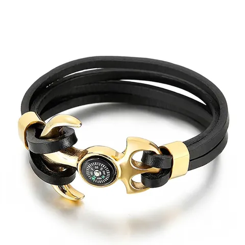 Heren Multi Layer Leren Armband Roestvrij Staal Anker Kompas Vleugel Nautisch Viking Punk Sieraden