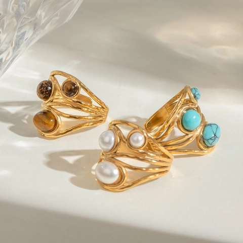 Bohemian Stainless Steel 18K Gold Plated Open Ring For Women Vintage Multi Layer Turquoise Tiger Eye Artificial Pearl Inlaid Ring