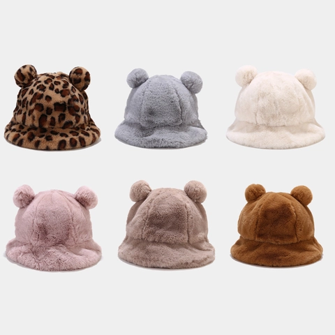 Süßer Plüsch Bärenohr Fischerhut Kaninchenfellimitat Verdickter Warmer Winterhut Faltbar Für Damen Mädchen
