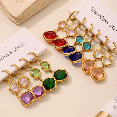 Geometric Layered Square Drop Earrings Stainless Steel 18K Gold Plated Czech Glass Retro Luxury Jewelry For Women