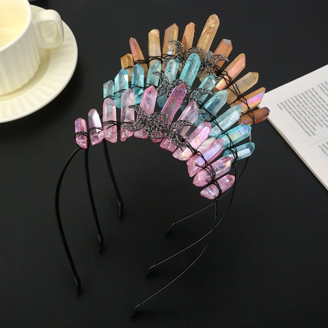 Cerchietto Per Capelli Con Corona In Cristallo Naturale Boho Lega Luna Stella Gotico Strega Tiara Sposa