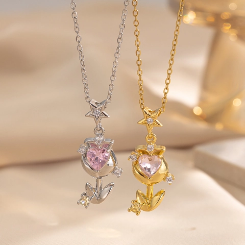 Tulpenbloem Hart Hanger Ketting Roestvrij Staal Roze Zirkoon Fonkelende Ster Elegante Sleutelbeen Ketting Sieraden Voor Dames