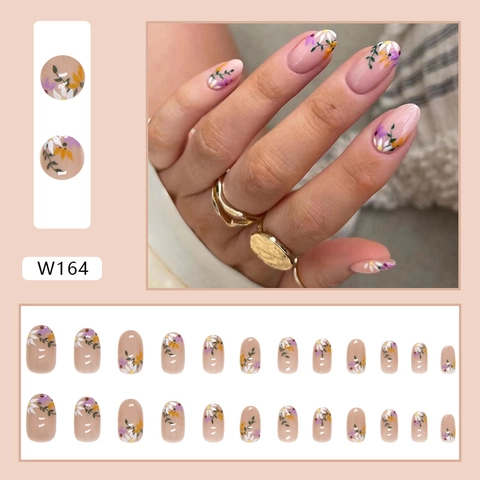 Press On Nails Oval Shape Kunstnagels Met Bloemenprint Nude Roze Basis Voor Vrouwen Elegante Eenvoudige Stijl Manicure
