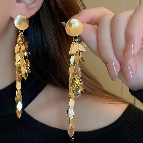 Pendientes Colgantes De Borla Larga Con Lentejuelas De Hoja Joyería De Declaración Metálica Para Mujeres De Moda