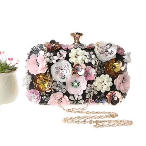 Women 3D Flower Evening Clutch Bag Satin Fabric Floral Sequins Rhinestone Handbag With Metal Handle And Removable Chain