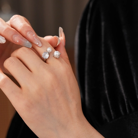 Unregelmäßiger Kunstperlen Zirkon Offener Ring Asymmetrischer Verstellbarer Legierungsschmuck Für Damen Mode Geschenk