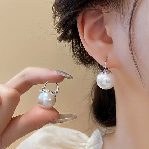 Elegant Round Artificial Pearl Earrings With Gold Plated Alloy Hoop Buckle Minimalist Jewelry For Women