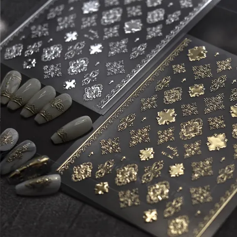 Adesivi Per Nail Art In Rilievo 3D Foglia Oro Argento Stile Barocco Retrò Decorazione Per Manicure Autoadesiva