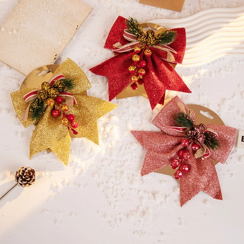 Kerst Decoratie Strik Glitter Schuim Ornament Met Dennenappel Bes Voor Kerstboom Feest Decoratie Hangende Hanger