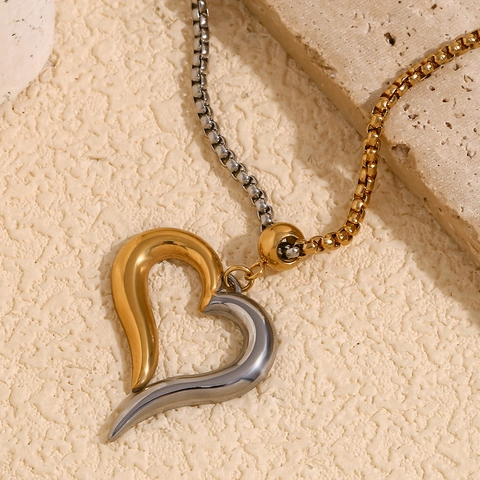 Collar de Acero Inoxidable con Colgante de Corazón Chapado en Oro de 18K para Mujer Cadena de Caja Bicolor Joyería de Moda