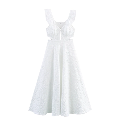 Abito Maxi In Jacquard Bianco Sexy Scollo A V Spalline Con Volant Vita Alta Schiena Scoperta Elegante Abito Lungo Da Donna