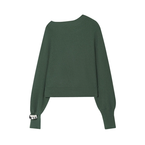 Women Asymmetric Neckline Knit Sweater Off Shoulder Long Sleeve Solid Dark Green With Metal Cuff Detail Pullover Top