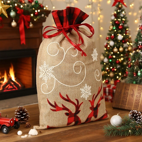 Weihnachtsgeschenkbeutel Aus Jute Kordelzugbeutel Karomuster Rentier Schneeflocke Festliche Süßigkeitentasche Partydeko