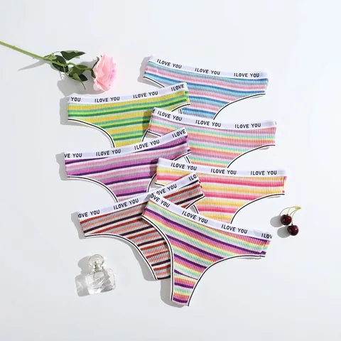 Strings Pour Femmes À Rayures Coton Côtelé Taille Basse Respirant Ceinture À Lettres I Love You Sous-Vêtements