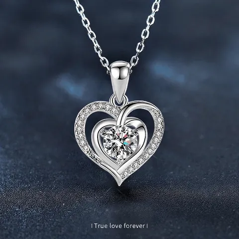 S925 Sterling Silver Heart Moissanite Pendant Necklace With GRA Certificate Elegant White Gold Double Heart Necklace Gift For Women