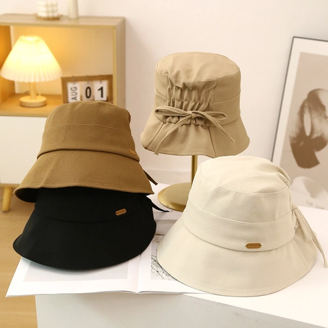 Women Bucket Hat Cotton Twill Sun Protection Wide Brim Bow Knot Back Casual Korean Ins Style Elegant Fisherman Cap