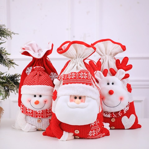 Sac Cadeau De Noël Tricoté Avec Père Noël Bonhomme De Neige Renne En Peluche Pochette À Cordon Décoration De Fête