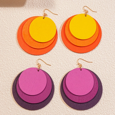 Layered Round Wooden Dangle Earrings Geometric Gradient Color Fashion Jewelry With Steel Earring Post For Women