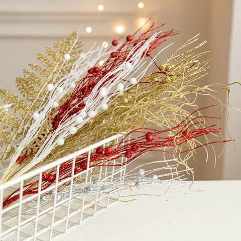 Glitter Artificial Christmas Berry Branches Shimmering Leaf Sprays For Xmas Tree Wreath Garland Decoration Holiday Home Decor