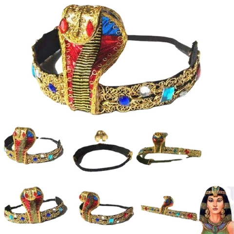 Ancient Egyptian Cleopatra Pharaoh Snake Headband Gold Fabric Headpiece With Colorful Rhinestones Halloween Cosplay Prop