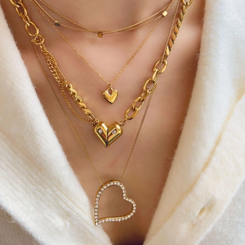 Elegant Titanium Steel Heart Pendant Necklace For Women Gold Plated Geometric Rhinestone Clavicle Chain Minimalist Jewelry Gift