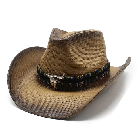 Western Cowboy Straw Hat With Bull Skull Decoration Ethnic Band Wide Brim Sun Protection Paper Vintage Outdoor Summer