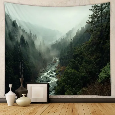 Nature Landscape Wall Tapestry Polyester Forest Misty Mountain Lake Decor For Bedroom Living Room Nordic Style