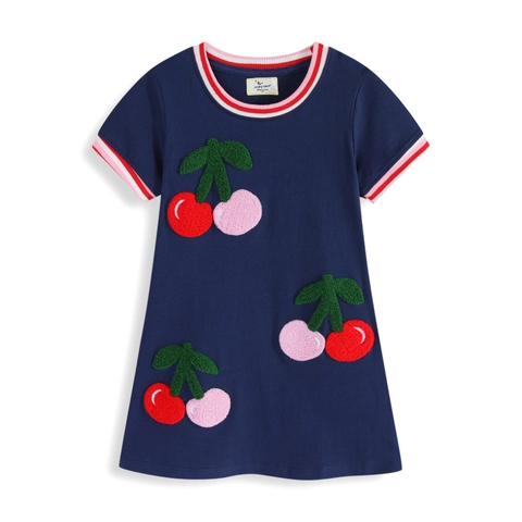 Vestito In Cotone Per Bambine Manica Corta Blu Marino Con Ricamo Ciliegia Scollo A Righe Casual Estate