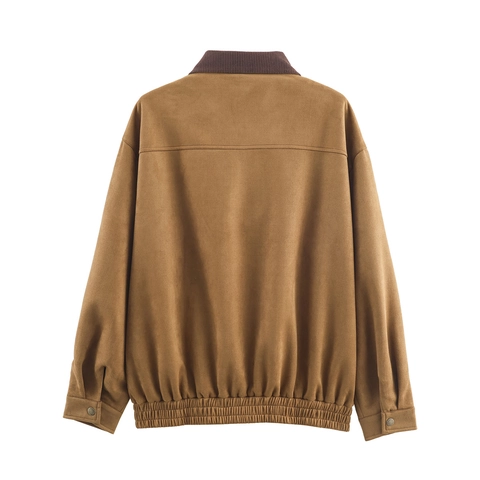 Dames Retro Faux Suede Jas Met Contrast Corduroy Kraag Rits Lange Mouwen Casual Mode Jas Met Zakken Bruin