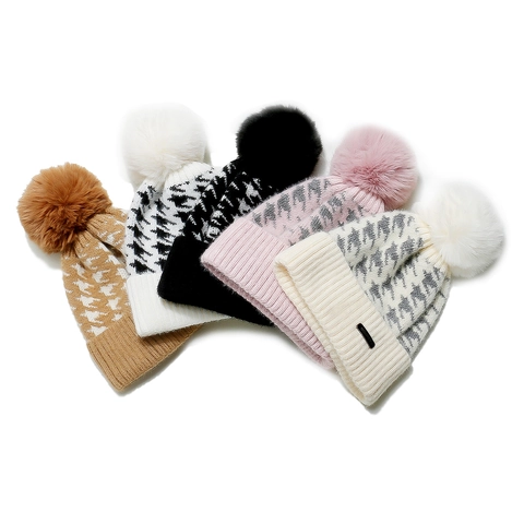 Berretto da Donna in Maglia Classico Motivo Pied de Poule Cappello Invernale Caldo Con Grosso Pompon Moda Casual