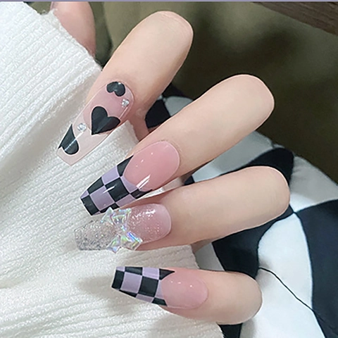 Long Ballerina Press On Nails Checkerboard Black Heart Rhinestone 3D Butterfly Sparkly Y2K False Nails Women