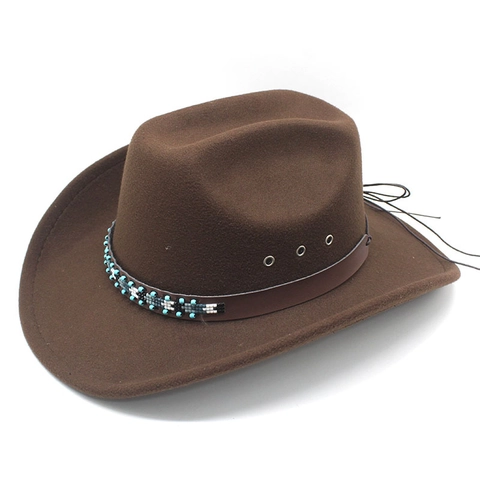 Western Cowboy Fedora Hat Cotton Polyester Felt Wide Brim Ethnic Beaded Leather Belt Bohemian Style Outdoor Sun Protection