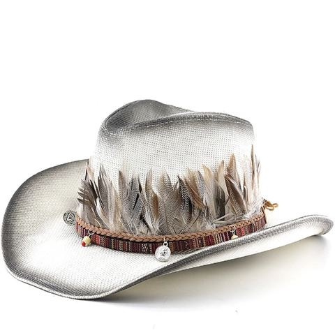 Western Cowboyhoed Gevlochten Stro Polyester Met Veren Brede Rand Zonbescherming Vintage Boho Buiten Reizen Unisex