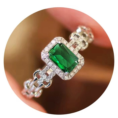 Anello Elegante Con Gemma Verde Taglio Smeraldo Per Donna Rame Zirconia Cubica Geometrico Cinturino A Catena Cava Stile Lusso