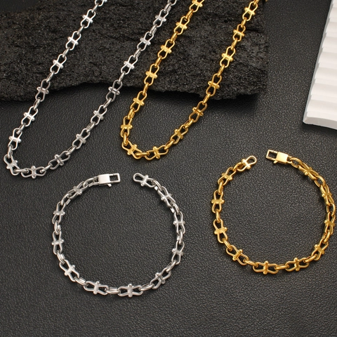 Stainless Steel Jewelry Set For Women European Bold Chain Necklace Bracelet Set 18K Gold Plated Fashion Bow Knot Choker