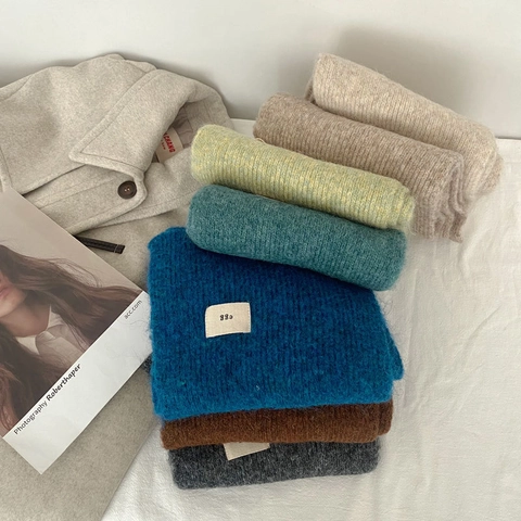 Winter Knitted Scarf Soft Cashmere Like Wool Blend Solid Color Warm Korean Style Label Decor For Women