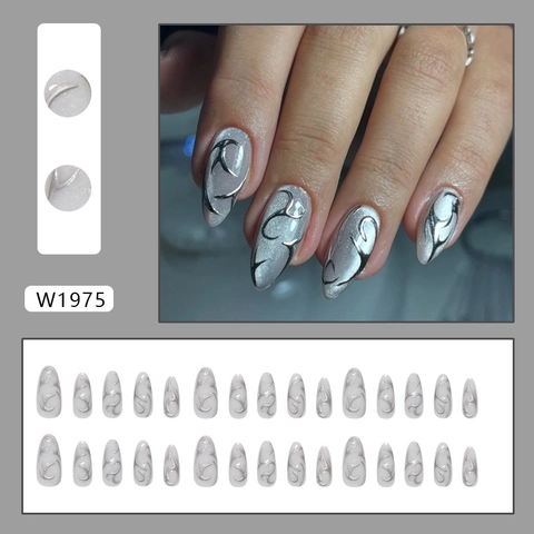 Unghie Finte Press On Metallico Grigio Argento Occhio Di Gatto 3D Linee Irregolari Lunghe Forma Di Mandorla