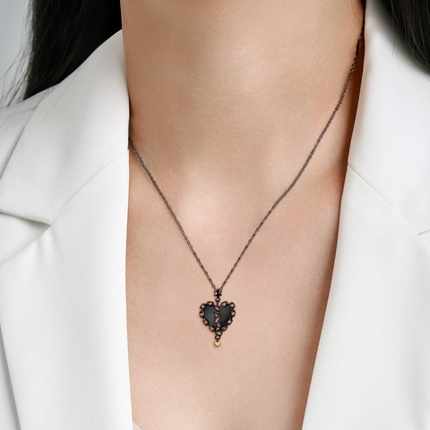 Collana Con Pendente A Cuore Infranto Cucito Argento Sterling 925 Placcato Oro Nero Gioielli Stile Gothic Punk Per Donna
