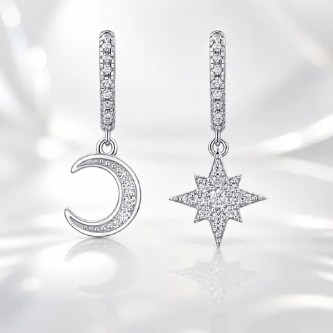 Pendientes de Aro de Plata de Ley 925 con Moissanita Estrella Luna para Mujer Pendientes Asimétricos Joyería con Certificado