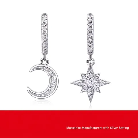 925 Sterling Silver Moissanite Star Moon Hoop Earrings For Women Asymmetric Drop Earrings With GRA Certificate Jewelry