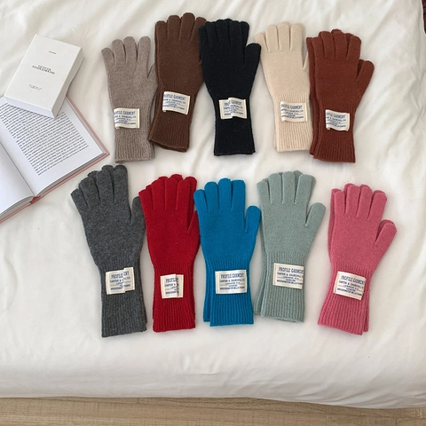 Guanti In Maglia Misto Lana Da Donna Inverno Caldi Termici Tinta Unita Etichetta Lettera Vintage Stile Giapponese Morbidi