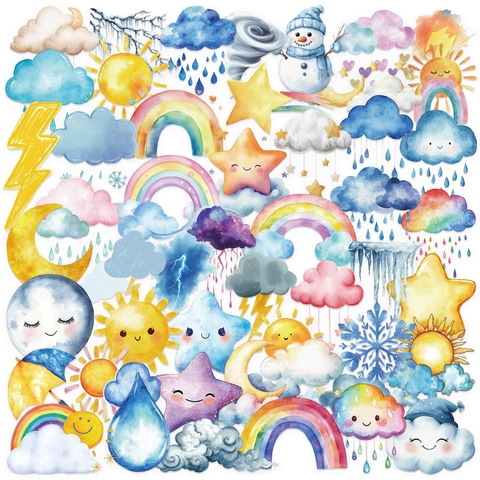 Adesivi Meteorologici Acquerello Simpatico Cartone Animato Sole Nuvola Arcobaleno Disegnati a Mano Decorativi Impermeabili PET Trasparenti Decalcomanie Per Laptop Scrapbook