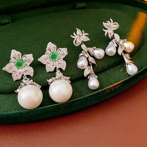 French Vintage Luxury Flower Artificial Pearl Drop Earrings With Silver Earring Post Cubic Zirconia Elegant Jewelry For Women