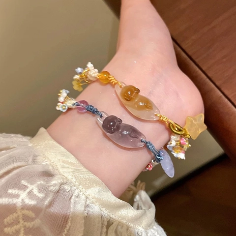 Handgefertigtes Geflochtenes Armband Harz Katze Stern Anhänger Verstellbar Blumenperlen Süßer Schmuck Für Frauen Mädchen