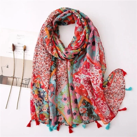 Women Ethnic Floral Print Shawl Scarf Lightweight Polyester Sun Protection Travel Wrap With Tassels Artistic Multi-Color Pashmina