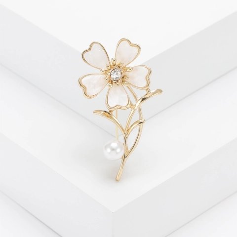 Broche de Flor de Aleación Esmaltada Elegante Con Perla Artificial de Imitación y Strass Incrustado Alfiler de Ramillete para Boda