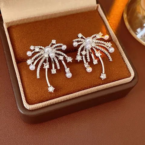 Pendientes De Botón De Fuegos Artificiales Con Circón Perla Artificial De Imitación Y Poste De Plata Joyería Elegante Para Mujer